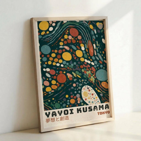 Framed art print featuring abstract design with colorful circles, dots, and flowing lines on dark teal background. Yellow, orange, red, and white organic shapes create dynamic pattern reminiscent of cellular or cosmic forms. Text reads "YAYOI KUSAMA" and "TOKYO" in black letters at bottom, with Japanese characters below. Light wood frame against white wall background.