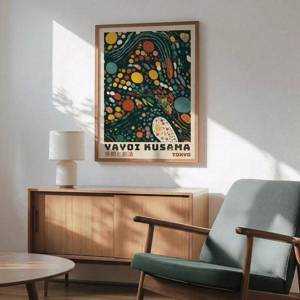 May include: Framed poster with abstract organic pattern in dark green featuring colorful dots, circles and flowing lines in yellow, orange, white and teal, displayed above mid-century modern wood credenza with white ceramic lamp, next to mint green upholstered armchair with wood frame in bright sunlit room with white walls.