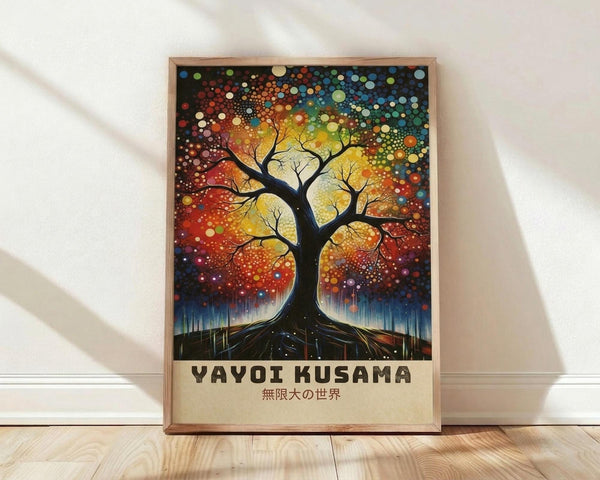 May include: Framed poster print featuring a vibrant tree silhouette against a cosmic background of colorful dots and circles in rainbow hues. The artwork shows detailed roots and branches with Japanese text below. The print is displayed in a natural wood frame, leaning against a white wall on light wooden flooring with soft shadows.