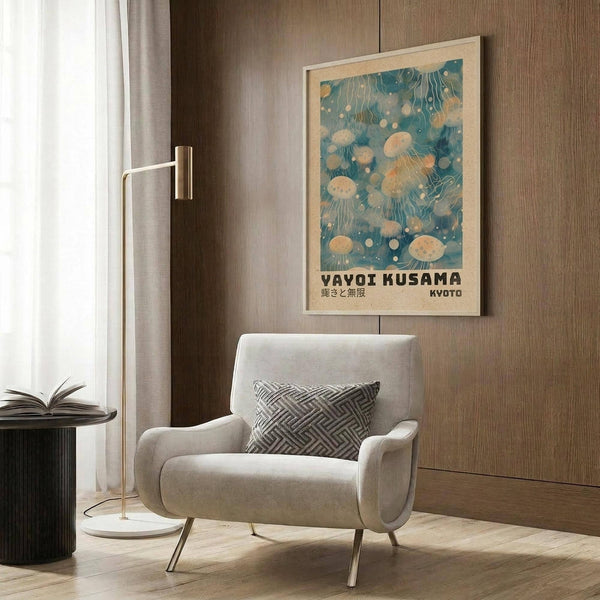 May include: Framed poster with blue and cream jellyfish pattern artwork hanging on wood paneled wall above beige upholstered armchair with geometric pillow. Modern brass floor lamp and black side table with open book visible. Neutral toned room setting with natural lighting from window.