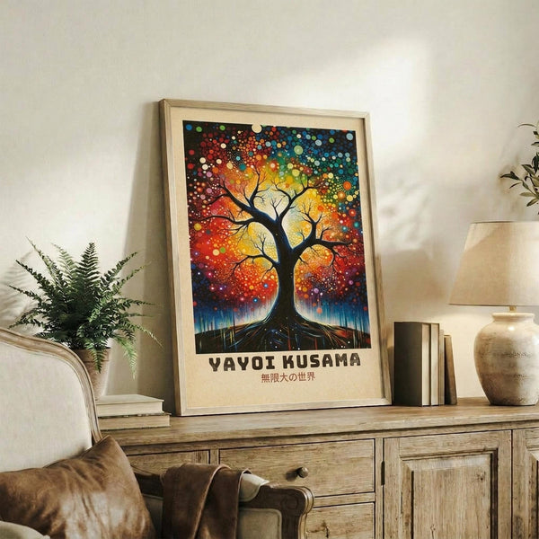 May include: Framed art print featuring a vibrant tree with colorful dotted foliage in reds, yellows, blues and greens against a cosmic background, displayed on a rustic wooden sideboard next to a fern plant, ceramic vase, and books in a neutral-toned living room setting with cream chair visible.