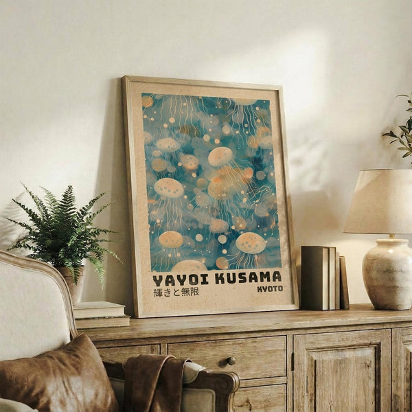 May include: Framed poster with turquoise blue jellyfish pattern featuring cream and white floating jellyfish with flowing tentacles, displayed on rustic wooden sideboard alongside fern plant, ceramic vase, and stacked books in neutral-toned living room with beige armchair and white walls