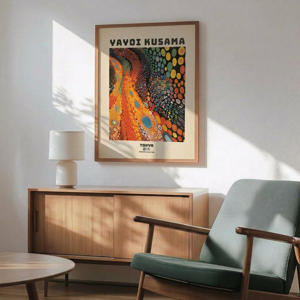 May include: Framed art print with colorful dotted pattern in orange, yellow, green and blue tones displayed above mid-century modern wooden sideboard with table lamp. Sage green upholstered armchair with wooden frame sits nearby in sunlit room with white walls and warm wood flooring.
