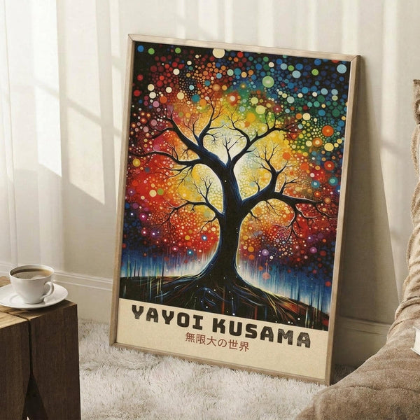 May include: Framed poster artwork featuring a black silhouette tree with sprawling branches against a vibrant background of colorful dots in blues, oranges, yellows, and reds resembling a starry night sky. Text reads "YAYOI KUSAMA" with Japanese characters below. The wooden-framed print leans against a white wall next to a wooden side table with white coffee cup and saucer, positioned on a light textured rug beside a beige blanket.