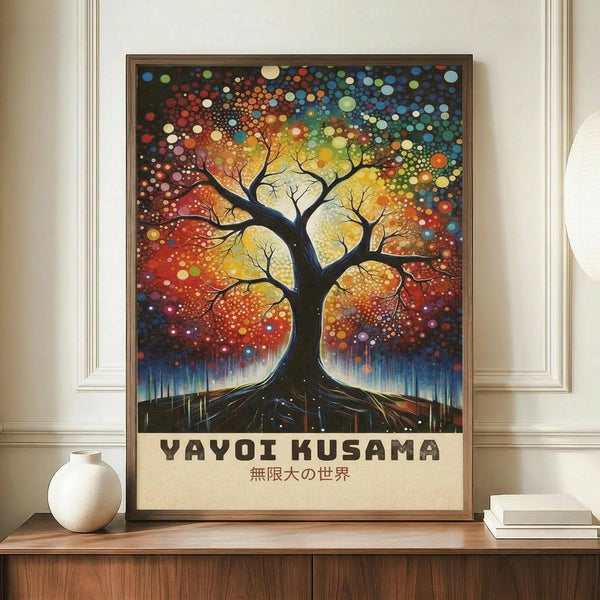 May include: Framed art print featuring a dark silhouetted tree with sprawling branches against a vibrant cosmic background of multicolored dots and circles in warm oranges, blues, and yellows. The artwork has Japanese text below the tree image. The brown wooden frame sits on a light wood credenza next to a white ceramic vase and stack of books, against cream walls with white molding.