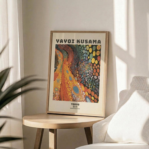 May include: Framed art print featuring Yayoi Kusama's colorful dot artwork in warm oranges, yellows, and cool blues with "TOKYO" text below, displayed on a light wood round side table next to a cream upholstered chair, with plant shadows cast on white walls from natural window light.