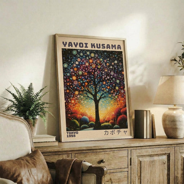 May include: Framed art print featuring a silhouetted tree with colorful polka dot foliage against a vibrant sunset sky, displayed on a rustic wooden sideboard next to a fern plant, ceramic vase, and books in a cozy living room setting with beige sofa and neutral walls.