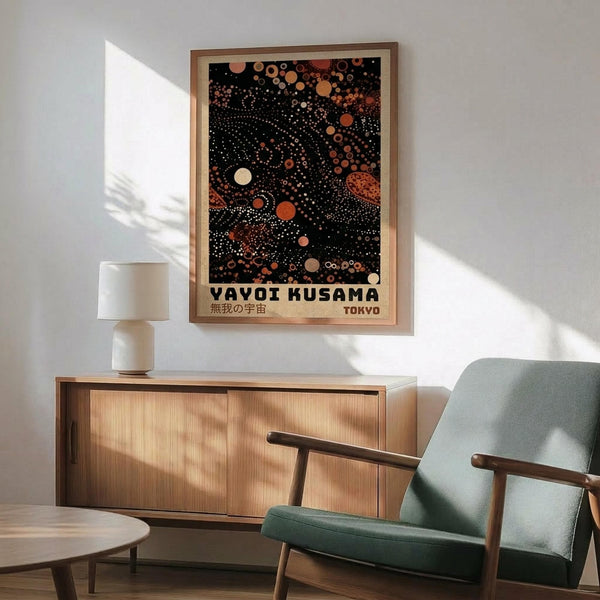 May include: Framed poster with black background featuring orange, cream and rust colored dots in cosmic pattern, displayed above wooden sideboard with white ceramic lamp. Mid-century modern living room setting with sage green upholstered armchair, round wood coffee table, and natural sunlight casting shadows on white wall.