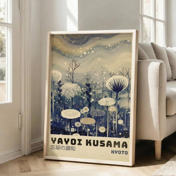 May include: Framed art print featuring stylized mushrooms and plants in navy blue and cream tones with flowing sky pattern and scattered dots, displayed on wooden floor beside beige sofa in bright living room with large windows