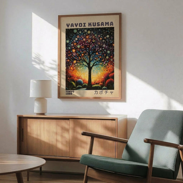 May include: Framed poster featuring a stylized tree with colorful dotted foliage against a gradient sky, displayed above a wooden sideboard with white ceramic lamp in a modern living room setting with mint green upholstered chair and round coffee table, warm natural lighting creating shadows on white walls