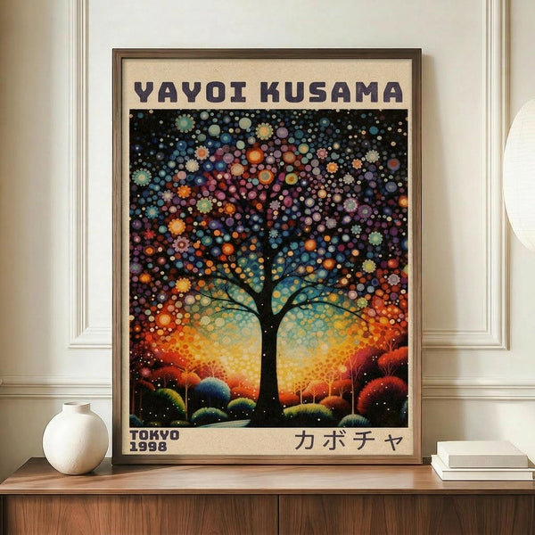 May include: Framed poster displaying a stylized tree with colorful dotted foliage against a black background, featuring warm sunset hues of orange and yellow at the base. The artwork shows polka-dotted patterns throughout with "YAYOI KUSAMA" at top and "TOKYO 1998" at bottom left, plus Japanese characters. Frame sits on wooden sideboard next to white ceramic vase and stacked books in cream-colored room with decorative molding.