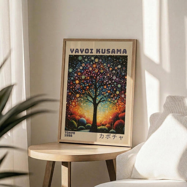 May include: Framed art print featuring a colorful tree with multicolored polka dot foliage against a vibrant sunset sky background, displayed on a round wooden side table next to a beige upholstered chair. The artwork shows Japanese text at bottom and is set in a bright, minimalist room with white walls and natural lighting casting soft shadows.
