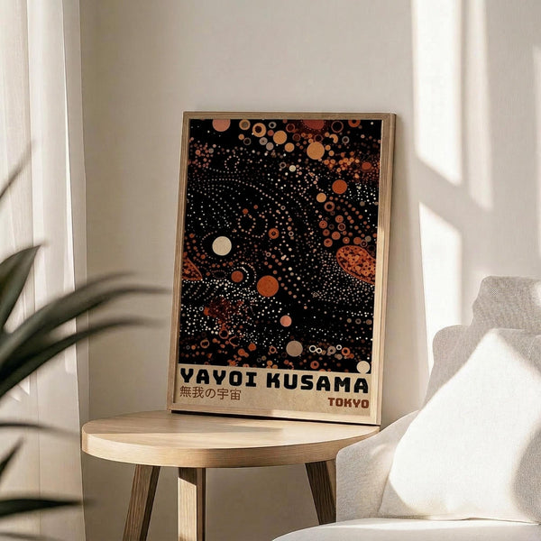 May include: Framed poster with black background featuring orange, white, and cream colored dots and circles in various sizes creating cosmic patterns. Text reads "YAYOI KUSAMA" with Japanese characters and "TOKYO" below. Light wood frame sits on round wooden side table next to beige upholstered chair. Green plant leaves visible in corner, white walls with natural sunlight streaming across scene.