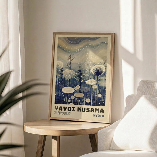 May include: Framed art print displayed on wooden round side table next to beige upholstered chair. Print features dreamy botanical illustration with mushrooms, plants and flowers in blue and cream tones against swirling sky with dots. Text reads "YAYOI KUSAMA" and "KYOTO" at bottom. Natural wood frame, soft sunlight streaming across white wall, green plant leaves visible at left edge.