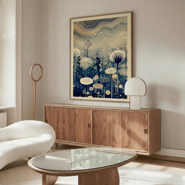 May include: Framed poster displaying an abstract landscape with flowing waves in blue and cream tones above a field of white mushrooms and dark plants against a starry sky. Shown in a modern living room with light wood sideboard, white curved chair, glass coffee table, and minimalist copper floor lamp on polished floors.