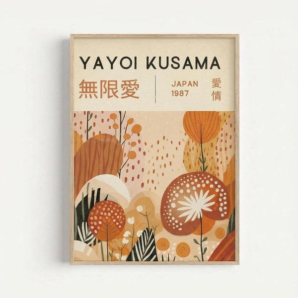Framed art print featuring Yayoi Kusama's name in black text with Japanese characters below. The artwork displays an abstract botanical scene in warm orange, brown, and cream tones with stylized mushrooms, polka-dotted circular forms, delicate branching stems, and organic shapes. "JAPAN 1987" appears in the upper right corner. The print is displayed in a light wooden frame against a white wall background.