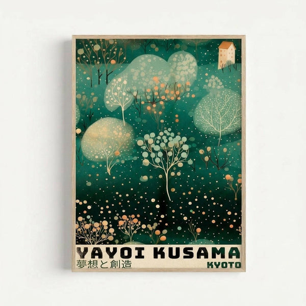 Framed art print with emerald green background featuring whimsical white and coral dotted trees, translucent circular shapes, and scattered polka dots throughout. Text reads "YAYOI KUSAMA" and "KYOTO" in bold black letters at bottom, with Japanese characters between them. Light wood frame against white wall background in minimal room setting display.