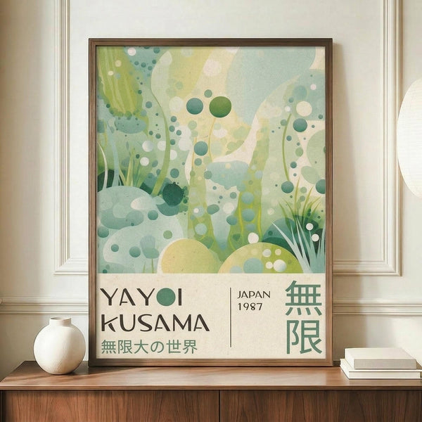 May include: Framed art print with abstract green and teal botanical design featuring organic shapes, circles, and flowing forms in watercolor style. White text reads "YAYOI KUSAMA" with "JAPAN 1987" and Japanese characters below. Print displayed on wooden sideboard next to white ceramic vase and stacked books in room with white paneled walls.