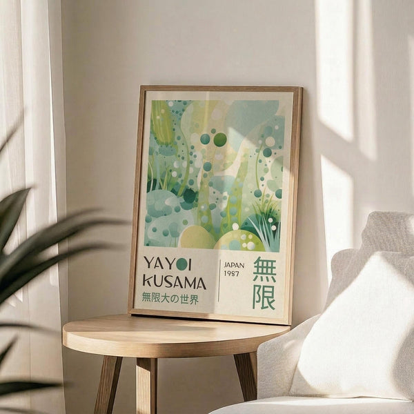 May include: Framed poster with abstract green and blue watercolor design featuring circular dots and organic shapes, displayed on round wooden side table next to beige upholstered chair. Natural sunlight creates soft shadows on white wall. Plant leaves visible in corner. Poster shows Japanese text and "JAPAN 1957" at bottom in minimalist typography.