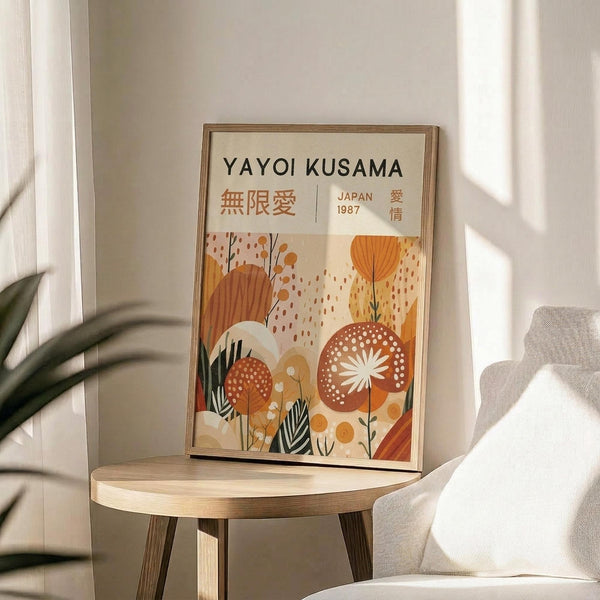 May include: Framed art print displayed on wooden round side table next to beige upholstered chair. Poster features warm orange, cream and brown botanical illustration with stylized mushrooms, leaves and organic shapes in mid-century modern style. Japanese characters visible at top along with "JAPAN 1987" text. Natural lighting creates soft shadows across cream wall background with plant leaves visible in corner.