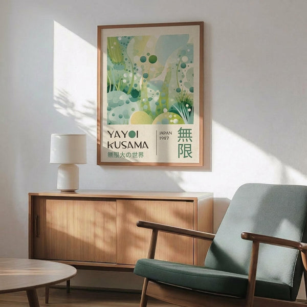May include: Framed abstract art print with organic green, teal, and yellow shapes and dots on white background, displayed above mid-century modern wooden sideboard with white ceramic lamp. Light green upholstered armchair with wooden arms sits nearby in bright, minimalist living room with white walls and natural sunlight casting shadows.