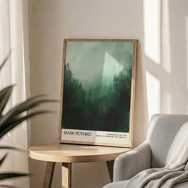 May include: Framed forest landscape poster with green misty trees and pale sky, displayed on round wooden side table next to beige upholstered chair with throw blanket. Natural sunlight streams across neutral walls creating soft shadows. Plant leaves visible in corner.