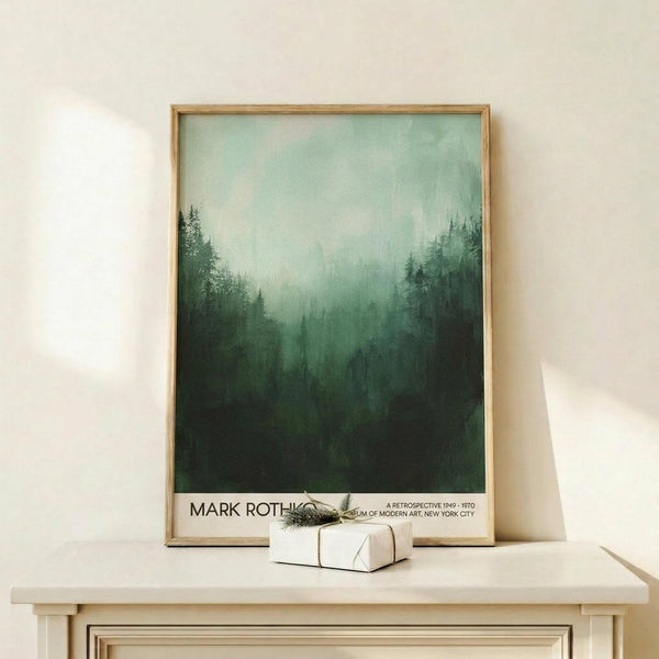 May include: Framed forest landscape poster in misty green tones leaning against white wall on light wood console table, with small wrapped white gift box beside it. The artwork shows silhouetted evergreen trees emerging from fog, transitioning from pale mint green sky to deep forest green at bottom. Natural wood frame surrounds the print which includes exhibition text at bottom.