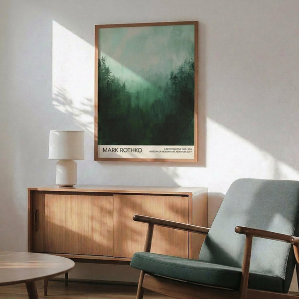 May include: Framed forest landscape poster with misty green pine trees and pale sky, displayed above wooden sideboard with table lamp in modern living room setting. Mid-century style green upholstered chair with wooden arms sits nearby, creating cozy interior scene with natural sunlight streaming across white walls.