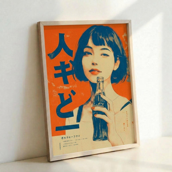 May include: Framed vintage-style Japanese poster with orange background featuring woman with dark bob haircut holding Coca-Cola bottle. Blue and cream color scheme with Japanese text characters. Poster displayed in light wooden frame leaning against white wall corner, showing slight shadow and depth perspective.