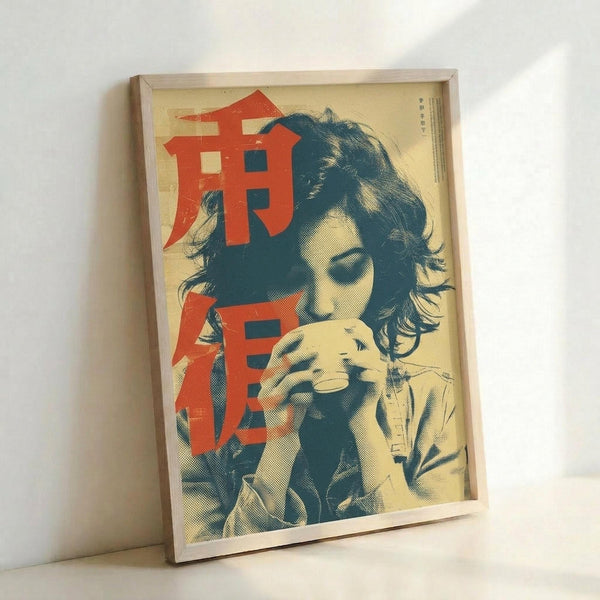 A framed poster leaning against a white wall showing a woman with curly dark hair holding a cup, rendered in a vintage graphic style with muted yellow, red, and teal colors. Large red Japanese characters overlay the left side of the image. The artwork has a weathered, retro aesthetic with halftone dot patterns and is displayed in a simple light wood frame.