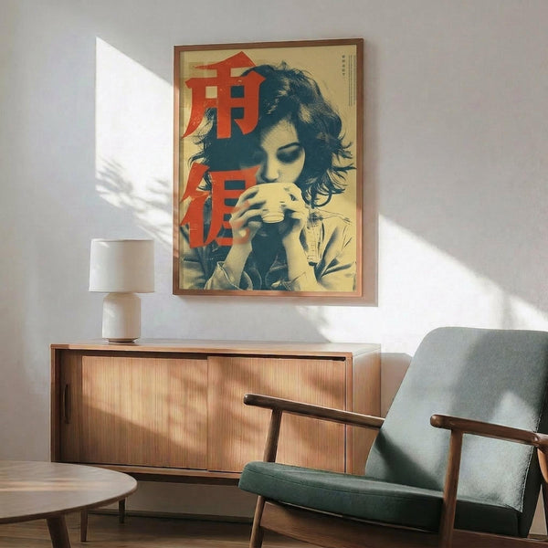 May include: Vintage-style poster featuring woman with dark curly hair drinking from cup, rendered in sepia tones with bold red Japanese characters overlaid. Artwork displayed in wooden frame above mid-century modern walnut credenza with small white table lamp. Sage green upholstered armchair with wooden frame positioned nearby on hardwood floor with dramatic window light casting shadows across white wall.
