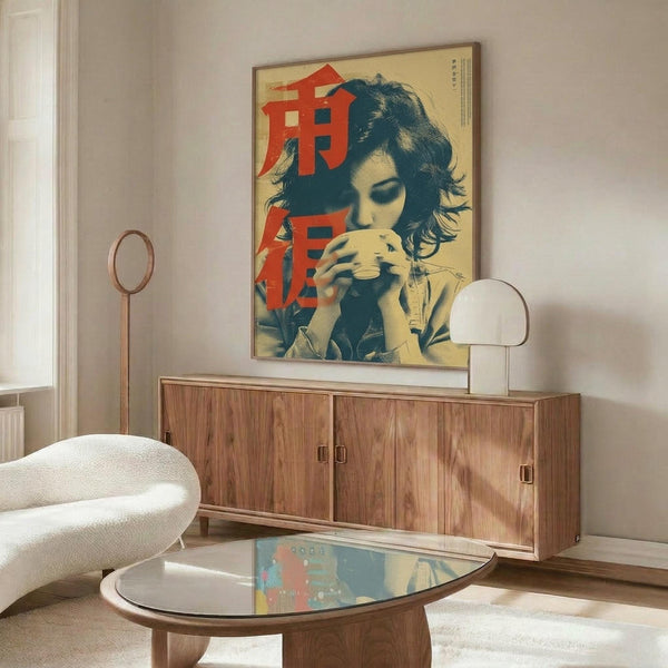 May include: Vintage-style poster featuring a woman with dark wavy hair drinking from a cup, rendered in yellow and teal tones with red Japanese characters, displayed in thin frame above mid-century walnut credenza. Modern white curved chair and glass-top coffee table complete the minimalist living room scene with cream walls and natural lighting.