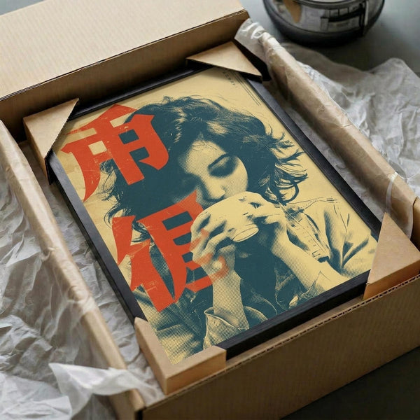 May include: Vintage-style poster print featuring a young woman with curly dark hair drinking from a cup, rendered in retro blue and orange tones on cream background. Framed artwork shown in brown cardboard shipping box with protective tissue paper wrapping and wooden corner guards for safe packaging.