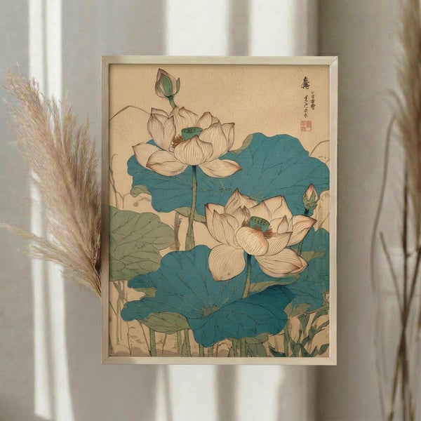 May include: Framed vintage Japanese botanical print featuring two blooming lotus flowers with cream-colored petals and green centers, surrounded by large teal and sage green lotus leaves. The artwork displays traditional Asian calligraphy and red seal stamp on aged beige paper. Light wooden frame hangs on white wall beside dried pampas grass stems, with soft natural lighting creating gentle shadows.