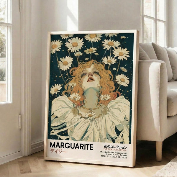 May include: Art nouveau style poster in light wood frame leaning against white wall next to beige sofa. Features woman with flowing auburn hair surrounded by white daisies against dark teal starry background. She wears flowing white dress and gazes upward. Text reads "MARGUARITE" with Japanese characters and museum exhibition details from 1972 Tokyo. Natural lighting streams through windows in minimalist living room setting.