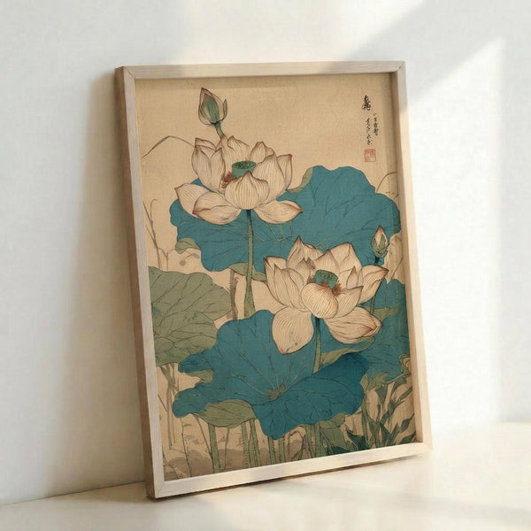 May include: Framed vintage Japanese botanical print showing two pale pink lotus flowers with teal-green lily pad leaves against cream background, displayed in light wood frame leaning against white wall corner with soft natural lighting and shadows.