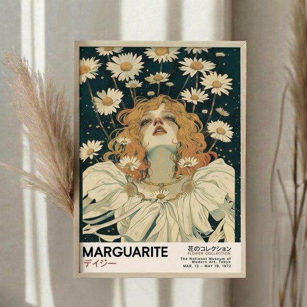 May include: Framed vintage-style poster featuring woman with curly auburn hair surrounded by white daisies against dark teal starry background, displayed on neutral wall next to dried pampas grass stems, natural lighting creating soft shadows