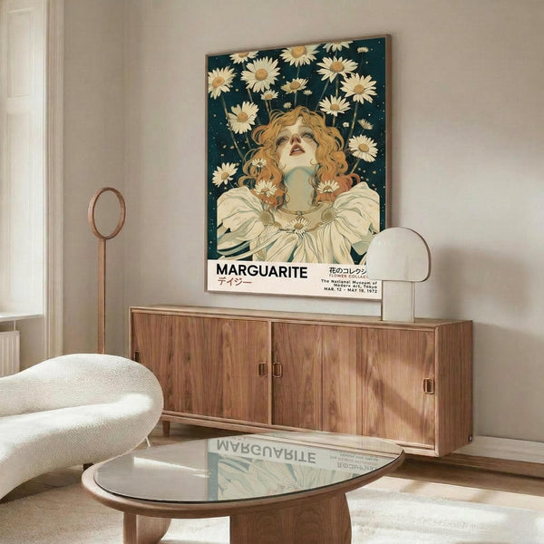 May include: Art nouveau style poster featuring woman with curly reddish hair surrounded by white daisies on dark teal background, displayed above wooden mid-century modern credenza in minimalist room with white curved chair, glass coffee table, and warm natural lighting