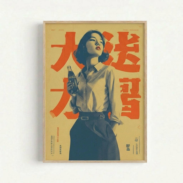 Framed vintage Japanese Coca-Cola advertisement poster featuring a woman in white collared shirt and dark skirt holding a Coke bottle, with large orange Japanese characters on yellow background. The poster has a retro aesthetic with muted blue and orange tones, displayed in light wooden frame against white wall.