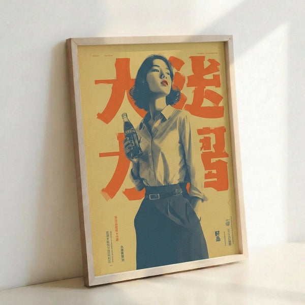 Framed vintage Japanese Coca-Cola advertisement poster featuring a woman in light blue shirt and dark skirt holding a Coca-Cola bottle. The poster has a yellow-beige background with bold red Japanese text. The artwork is displayed in a light wood frame leaning against a white wall, showing the retro advertising style with muted blue and orange color palette.