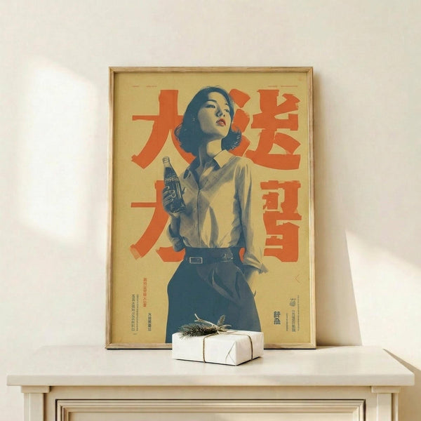May include: Framed vintage-style Coca-Cola poster featuring a woman in casual clothing holding a Coke bottle, with bold red Japanese text on yellow background. Displayed on light wood console table beside small white wrapped gift with natural greenery accent against white wall.