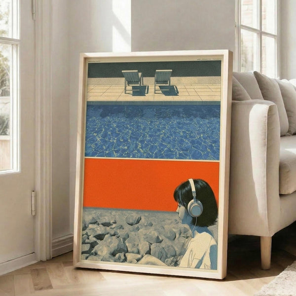 May include: Framed poster artwork leaning against white wall beside beige sofa in bright living room with large windows. The print features horizontal color blocks - green pool area with two lounge chairs at top, blue swimming pool water in middle, bright orange band, and bottom section showing person with headphones sitting on rocky ground. Light wood frame, approximately 2-3 feet tall.