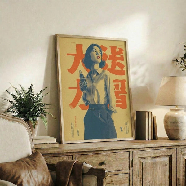 May include: Framed vintage Japanese Coca-Cola advertisement poster featuring a woman in white shirt and blue skirt holding a Coke bottle, with bold red Japanese text on cream background. Displayed on rustic wooden sideboard alongside fern plant, ceramic vase, and books in modern living room with beige chair and neutral walls.