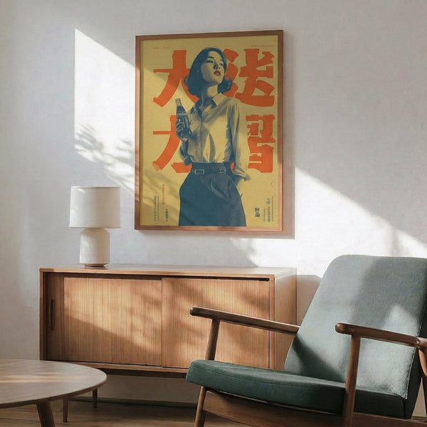 May include: Framed vintage Japanese Coca-Cola advertisement poster featuring a woman in white shirt and dark skirt holding a Coke bottle against yellow background with bold red Japanese text, displayed above a walnut credenza with ceramic table lamp in modern living room with mint green mid-century armchair and natural sunlight casting geometric shadows on white wall.