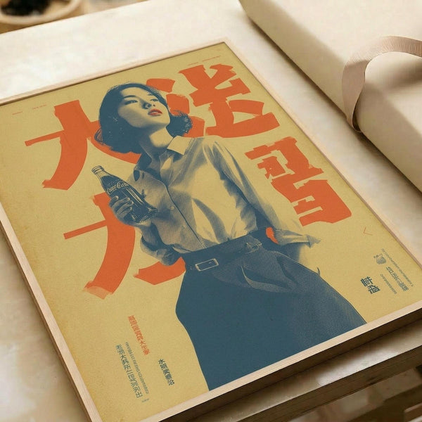 Vintage Japanese Coca-Cola advertisement poster featuring a woman in blue-tinted illustration holding a Coke bottle, with large red Japanese characters on yellow background. The poster is displayed in a white portfolio or presentation folder on a light colored surface, showing the retro advertising design with additional small Japanese text at the bottom.