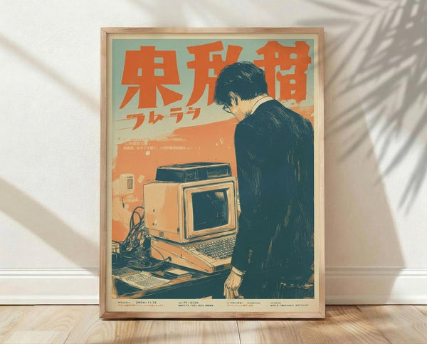 May include: Framed vintage-style poster featuring a person in dark clothing looking at a retro beige computer with CRT monitor and keyboard. The artwork uses orange, teal, and cream colors in a nostalgic 1980s aesthetic with Japanese text at the top. The wooden frame sits on light wood flooring against a white wall with dramatic shadows from window blinds creating striped patterns across the scene.