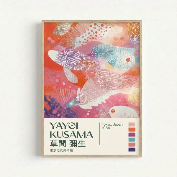 Colorful abstract art poster featuring flowing organic shapes with dotted patterns in coral, pink, teal, and cream tones. The artwork shows layered translucent forms with various textures including dots, lines, and gradients creating a dreamy, fluid composition. Below the image is text reading "YAYOI KUSAMA" with Japanese characters and "Tokyo, Japan 1984" along with a small color palette. The poster is displayed in a thin light wood frame against a white wall.