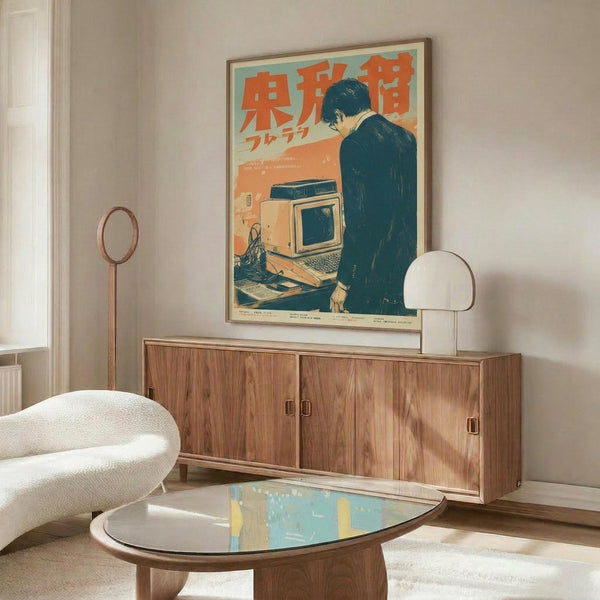 May include: Retro Japanese computer poster with orange text and figure using vintage desktop computer, displayed above wooden credenza with sliding doors in modern living room setting with white curved chair, glass coffee table, and contemporary lighting