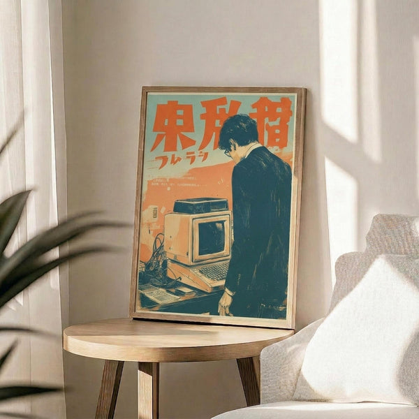May include: Framed vintage-style poster with Japanese text and retro computer illustration in teal and orange colors, displayed on round wooden side table next to beige upholstered chair. Sunlight streams through white curtains creating soft shadows, with palm plant leaves visible in corner of bright, minimalist room setting.