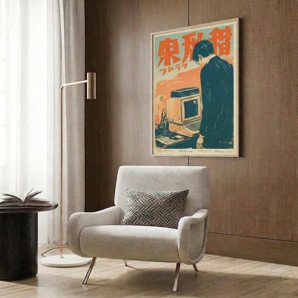May include: Framed retro-style poster with orange and teal colors showing figure at vintage computer, displayed on wood paneled wall above beige upholstered armchair with geometric patterned pillow, brass floor lamp with white marble base, and dark round side table with open book in modern living room setting